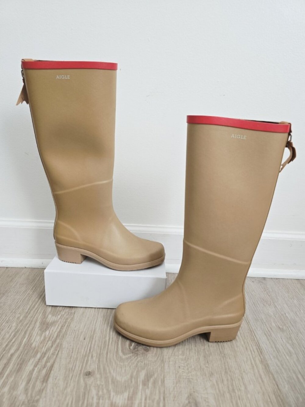 Aigle Miss Juliette Tall Rubber Rain Boots Beige Tassle Shoes 5.5 37 France Heel